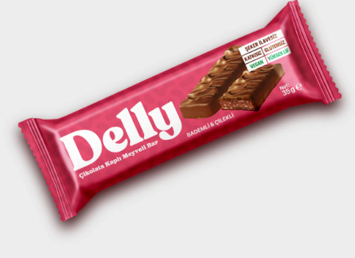 Delly Şekersiz Çikolata Kaplı Bademli & Çilekli Bar 35g resmi
