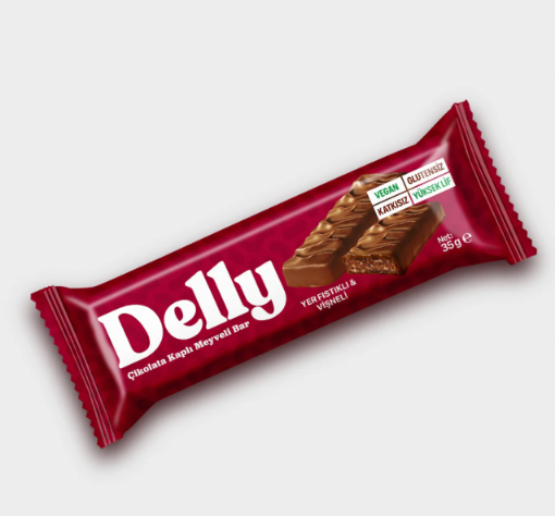 Delly Yer Fıstıklı & Vişneli Protein Bar - Şekersiz Çikolata Kaplı 35g resmi