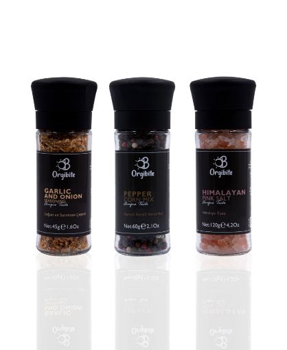 Orgibite 3'lü Baharat Set 45gr Sarımsak Çeşnişi, 60gr Renkli Karabiber Ve 120gr Himalaya Tuzu resmi