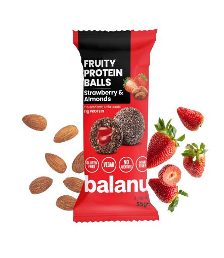 Balanu Meyveli Protein Topları Çilek Dolgulu ve Bademli 55g resmi