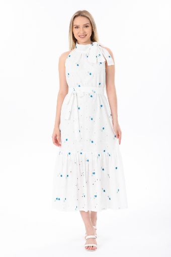 Mavi Çiçek Motifli Beyaz Fisto Maxi Elbise