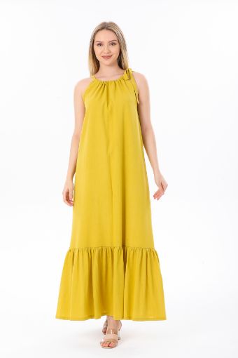 Yaka Büzgülü Maxi Kadminyum Sarı Elbise