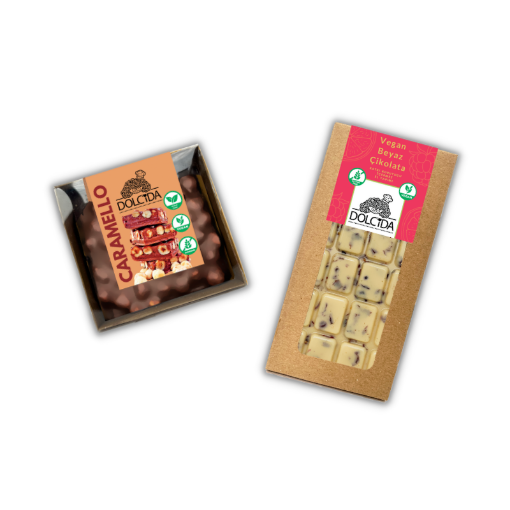 Dolcida Vegan Beyaz Çikolata (Glütensiz)+Vegan Karamelli Çikolata Paketi resmi