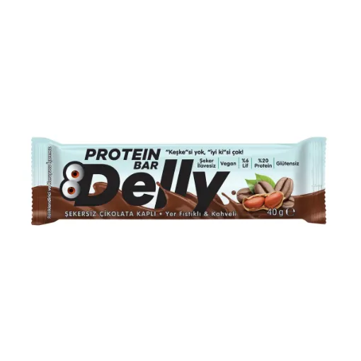 Delly Şekersiz Çikolata Kaplı Yer Fıstıklı & Kahveli Yüksek Protein Bar 40 g
