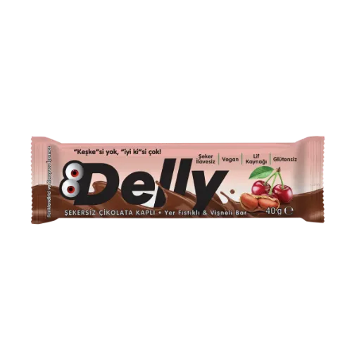 Delly Yer Fıstıklı & Vişneli Protein Bar - Şekersiz Çikolata Kaplı 40g