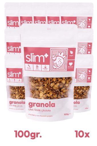 SlimPlus 10'lu Paket Çikolata Çilek Fındık Glutensiz Granola 100G resmi